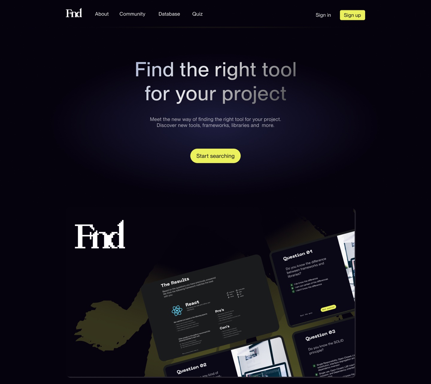 The Fnd homepage, with the quiz and results shown as a collage