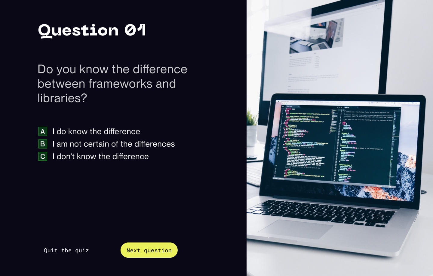 A quiz question asking whether you know the difference between frameworks and libraries