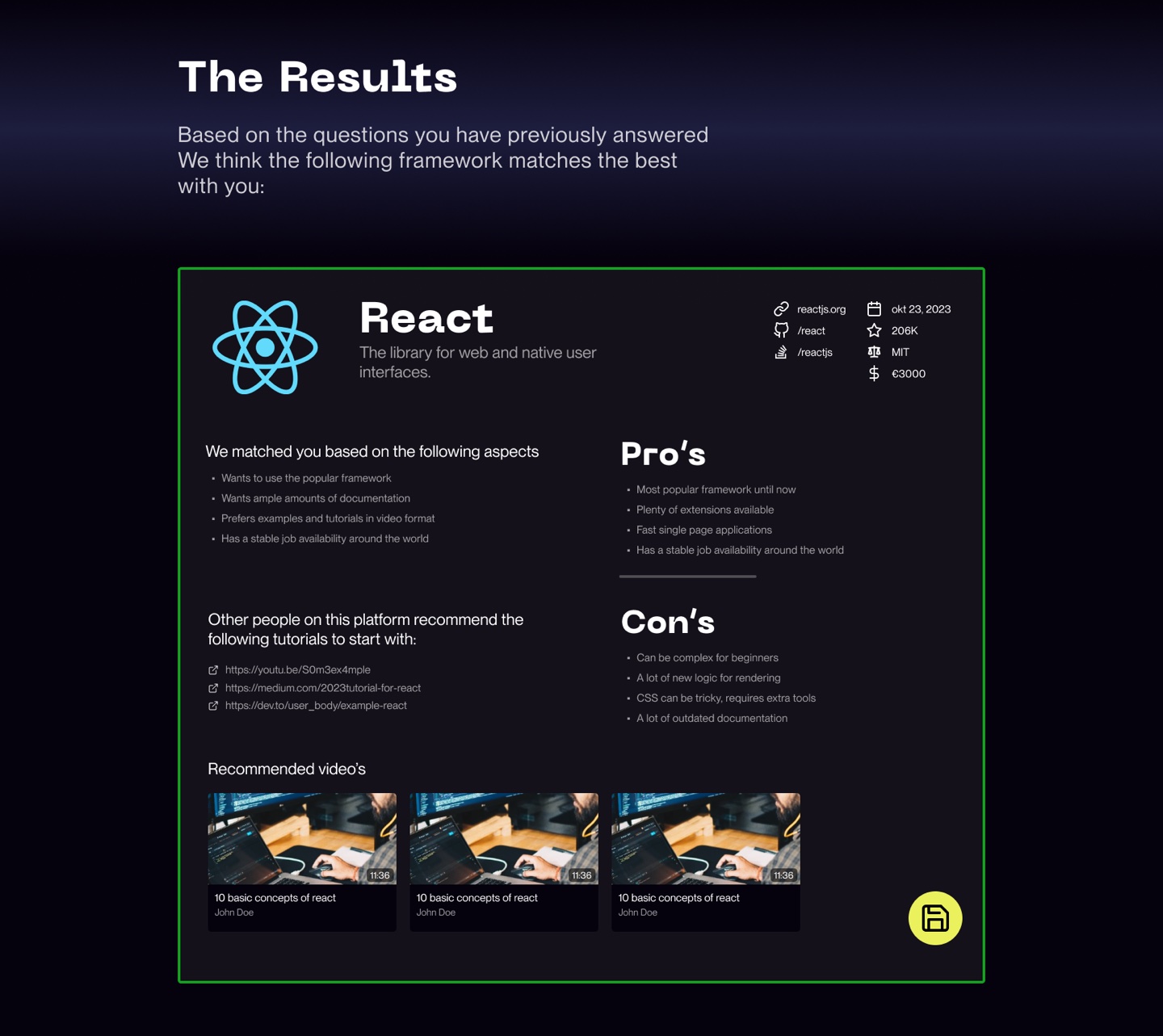 The quiz result recommending React, with the reasons for the match, pros, cons and tutorials