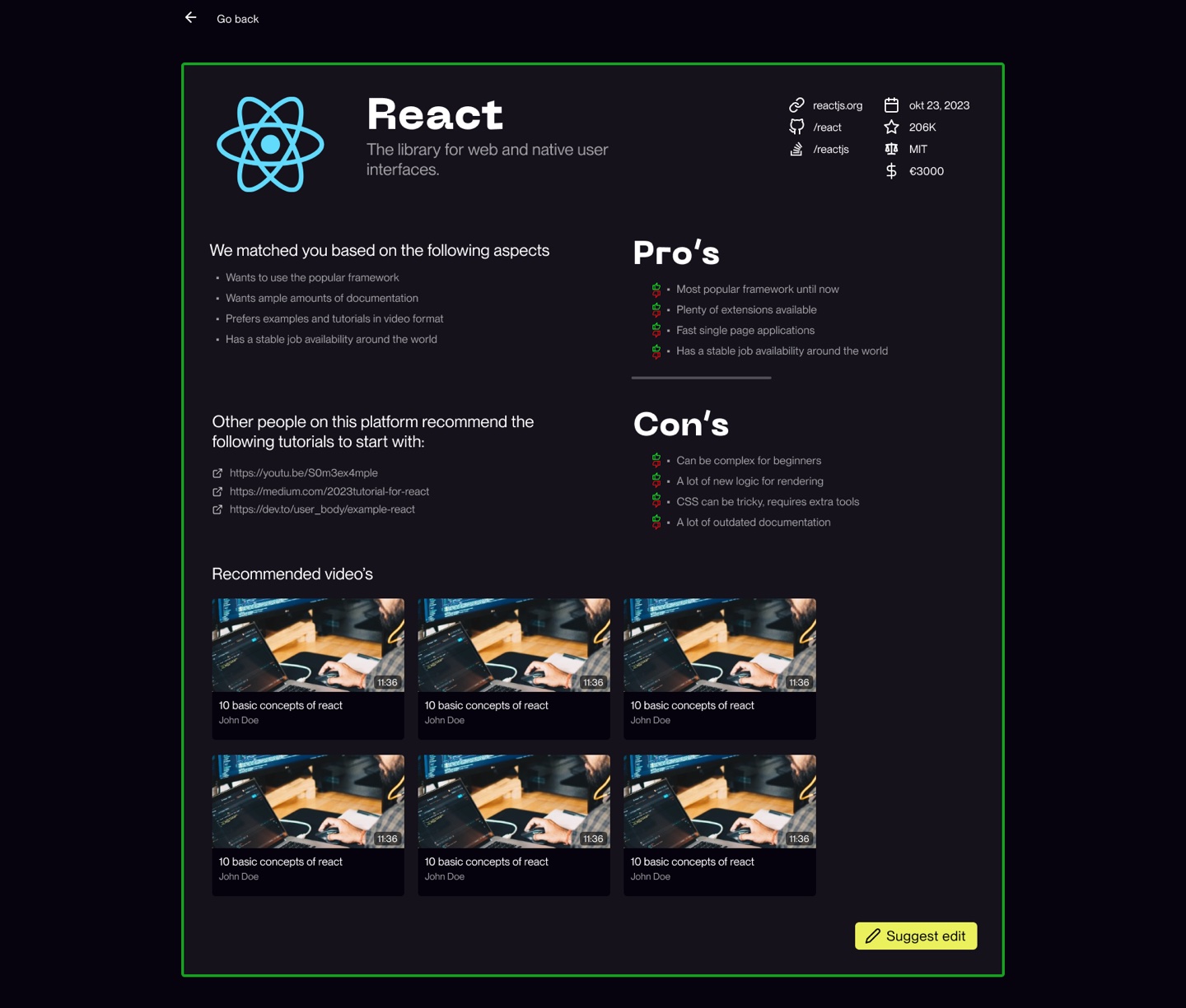 A tool page for React, with its links, stars, license, pros, cons and recommended videos